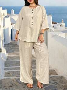 EMERY ROSE Plus Size Linen-Like Texture Round Neck 3/4 Sleeve Loose Shirt + Elastic Waist Straight Leg Loose Pants 2 Pieces Set, Casual Commute Elegant Outgoing Holiday Party Outfit - Apricot - View 8