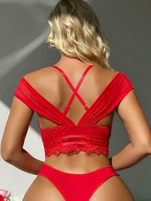 Floral Lace Cut Out Lingerie Set With Leg Ring Bridallingerie - Red - View 2