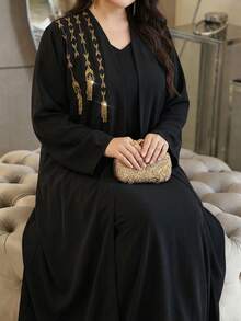 Al Najma Plus Size Women V-Neck Tassel Decor Casual Daily Wear Long Sleeve Arabic Robe - Black - View 1