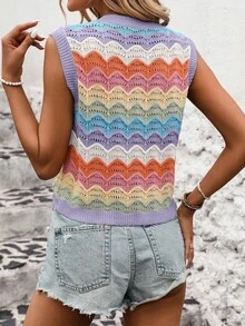SHEIN LUNE Áo vest dệt kim dáng suông kẻ sọc khoét lỗ dành cho nữ, thích hợp cho kỳ nghỉ. - Màu tím hoa cà - Xem 2