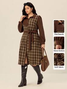 Juhart Váy sơ mi kẻ sọc caro màu trơn cỡ lớn dành cho nữ, váy maxi buộc dây cổ điển thanh lịch dài tay - màu nâu - Xem 1