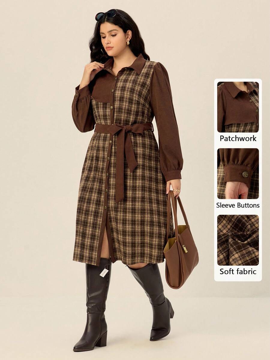 Juhart Váy sơ mi kẻ sọc caro màu trơn cỡ lớn dành cho nữ, váy maxi buộc dây cổ điển thanh lịch dài tay - màu nâu - Xem 1