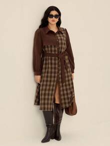 Juhart Váy sơ mi kẻ sọc caro màu trơn cỡ lớn dành cho nữ, váy maxi buộc dây cổ điển thanh lịch dài tay - màu nâu - Xem 6