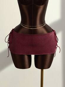 Zestiva Women's Faux Crocodile Texture Side Eyelet Lace-Up Bodycon Skirt - Red - View 1