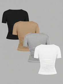 SHEIN EZwear Bộ 4 áo thun nữ tay ngắn cổ tròn màu trơn, kiểu dáng tối giản, thoải mái, thích hợp cho mùa xuân/hè. - Nhiều màu - Xem 2