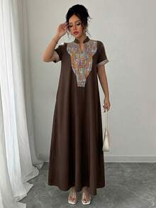 Rafferiza Contrast Color Embroidery Stand Collar Rhinestone Decor Loose Women Long Dress - Brown - View 7