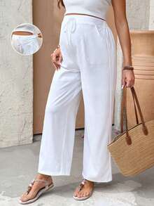 SHEIN Maternity Solid Color Tie-Waist Wide Leg Loose Casual Pants White Wide Leg Pants Women Loose Pants For Women White Beach Pants White Pant White Linen Pants Women - White - View 1