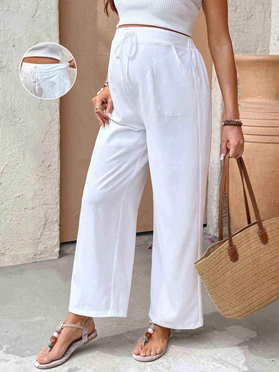SHEIN Maternity Solid Color Tie-Waist Wide Leg Loose Casual Pants White Wide Leg Pants Women Loose Pants For Women White Beach Pants White Pant White Linen Pants Women - White - View 1