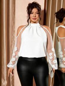Cravure Plus Size Women Water-Soluble Lace Solid White Long Sleeve Stand Collar Blouse, Elegant - White - View 5
