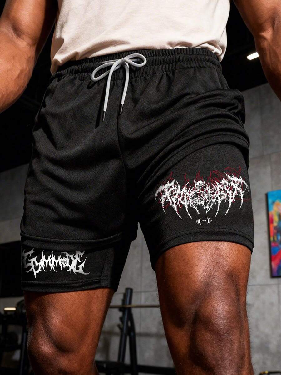 GymBeat Men's Casual Graphic Print Drawstring Waist Sports Shorts, Summer - Black - View 1