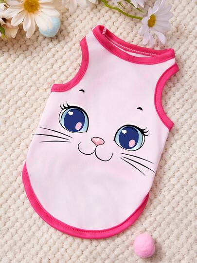 PETSIN 1 Cat Eye Printed Pet Vest With Rose Pink Stitching, Soft And Breathable, Comfortable Pet Clothing