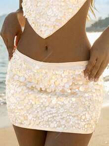 SHEIN ICON Chân váy mini ôm sát màu đen cạp cao siêu ngắn dành cho nữ - Màu be - Xem 6