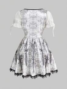 ROMWE Spring/SummergraphicGothic Lolita Skeleton & Thorn Print Contrast Lace Trim Fitted A-Line Skater Dress, Spring/Summer - White - View 10