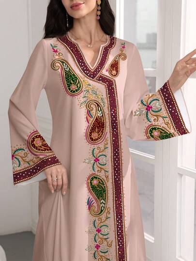 SHEIN Najma Cashew Flower Geometric Faux Embroidery V-Neck Flared Hem Long Sleeve Dress For Women, Elegant Arabic Style Maxi Dress, Suitable For Spring And Autumn