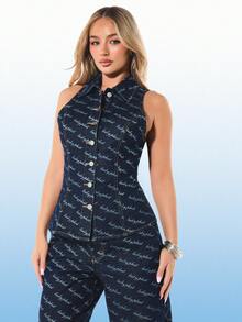 BABYPHAT Women's All Over Script Print Cinched Waist Denim Sleeveless Button Down Vest Top With Collar - Navy Blue - View 1