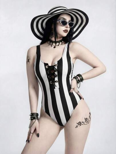 ROMWE 2026SS Dark Gothic Bizarre Punk Sexy & Mysterious One-Piece Swimsuit, Contrast Black & White Striped Print, Metal Eyelet Lace-Up Straps, Suitable For Vacation,Beach Vacation 2026 New Women's Swimwear ArrivalFor School,Suitable For Holiday, Date, Afternoon Tea, Western, Cruise, Beach, Island, Road Trip, All Seasons, Music Festival, Boho Vacation,Bohemian Vacation, Chill Autumn ,Western Boho ,Elegant Dress For Women Lively Holiday Colorful Prints Swimsuit. Goth Swimsuit Gothic Swimwear Emo