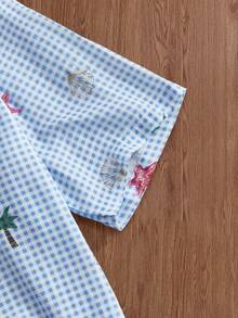 SWAVVY Men's Plaid & Cartoon Print Button-Front Short Sleeve Shirt - Blue - View 4