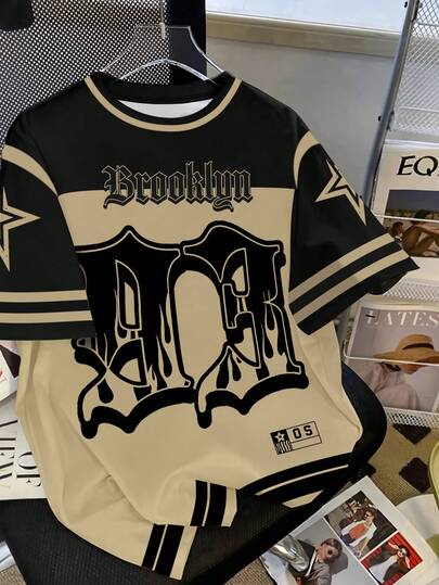 Hot-Selling New Style, And Cool Contrasting Striped Star-Decorated Men's Short-Sleeved T-Shirt, American Street Style For School, Street Wear, And Versatile Spring And Summer Style