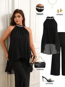 Femmeverse Bộ đồ 2 mảnh dành cho nữ cỡ lớn, xếp ly, cổ yếm, đính sequin và phối nhiều mảnh, quần ống rộng cạp cao dáng suông. - màu đen - Xem 7