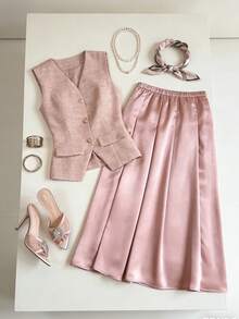 DAZY Bộ 2 món áo vest và chân váy phối màu tương phản thanh lịch dành cho nữ, có túi giả, thích hợp cho mùa xuân/hè. - Hồng - Xem 8