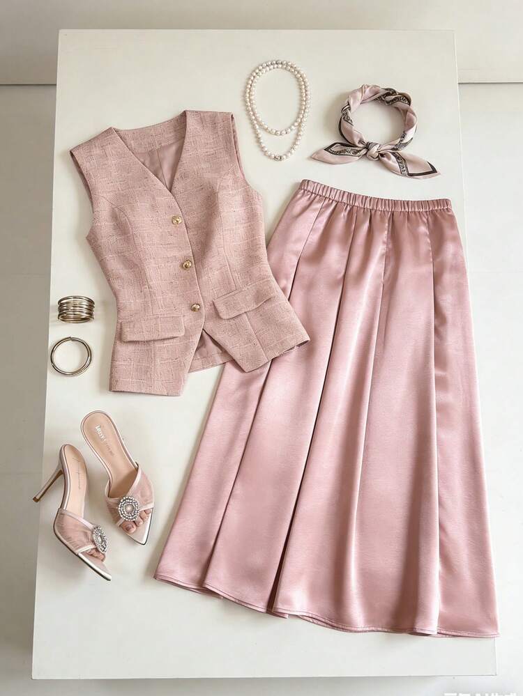 Women's Elegant Contrast Color Patchwork Faux Pocket Vest & Skirt 2 Pieces Set, Spring/Summer