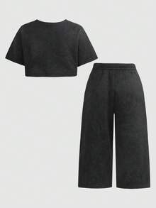 Bubblio 女婴炭灰色套头T恤和打底裤两件套，休闲日常百搭套装 - 黑色 - 查看 2
