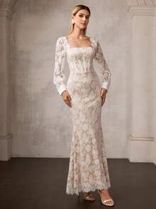 MOTF Soiréza ELEGANT SQUARE NECK LONG SLEEVE MAXI LACE PARTY GOWN – FLORAL LACE FABRIC WITH SEAM DETAILING, FORM-FITTING SILHOUETTE WITH MERMAID DRESS & PUFF SLEEVE TRIM | IDEAL FOR FOMAL PARTIES, GALAS, NEW YEAR'S EVE & FORMAL EVENTS - White - View 1