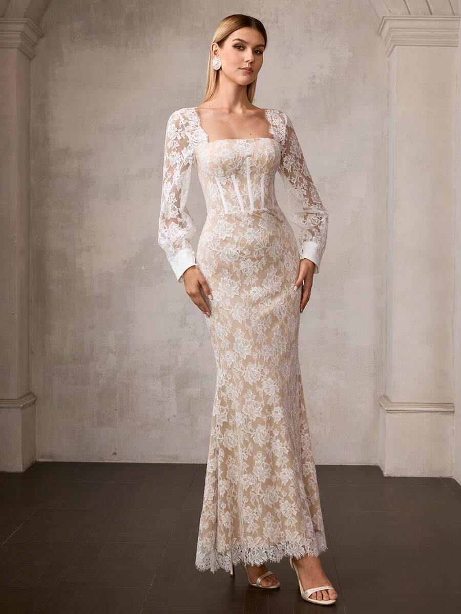 MOTF Soiréza ELEGANT SQUARE NECK LONG SLEEVE MAXI LACE PARTY GOWN – FLORAL LACE FABRIC WITH SEAM DETAILING, FORM-FITTING SILHOUETTE WITH MERMAID DRESS & PUFF SLEEVE TRIM | IDEAL FOR FOMAL PARTIES, GALAS, NEW YEAR'S EVE & FORMAL EVENTS - White - View 1