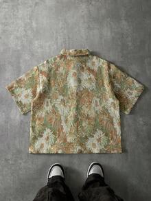 PAVTROS 男士复古提花纹理宽松短袖衬衫，男士衬衫，织锦衬衫，图案衬衫，花卉衬衫，男士时尚夏季度假休闲衬衫，Y2K风格，送给男友的完美礼物 - 彩色 - 查看 2