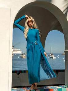 Swim Mulvari 优雅的蓝绿色女士长袖连体裤和薄纱裙套装 - 不对称金属扣和长裤款式，是度假或节日场合的理想之选 - 水鴨藍 - 查看 3