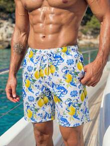 Manfinity Swimmode 男士柠檬印花抽绳腰带沙滩短裤 - 白色 - 查看 6