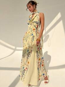SHEIN Raffinéa Đầm nữ dáng lửng thời trang, phối màu độc đáo, cổ áo xếp nếp, chất liệu chiffon, thiết kế hở lưng cổ chữ V sâu, gợi cảm và thanh lịch. - Màu vàng - Xem 3