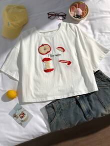 Comfortcana Áo thun cotton dáng rộng thoải mái cỡ lớn, chất liệu cotton, kiểu dáng thường ngày, thêu hình quả táo 3D, thích hợp cho mùa xuân/hè. - Nhiều màu - Xem 8