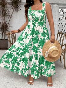 Ceyna Đầm maxi dáng chữ A in hoa, bèo nhún, dây mảnh, có thể điều chỉnh vòng ngực, dành cho nữ cỡ lớn, trang phục nữ, đầm nữ, đầm hè nữ, đầm thường ngày nữ, đầm chống nắng nữ, đầm bán chạy nhất, đầm nhiệt đới cho nữ, đầm cổ điển cho nữ. - màu xanh lá - Xem 3