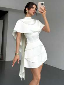 SHEIN Women's Elegant Off-White Shawl Short Dress,Summer Chic Mini Dress For Wedding Guest,Luxury Solid Color Modern Party Dress,Elegant Casual Sets - Beige - View 3