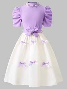 SHEIN Vestido largo de uso diario y casual con estampado y cintura ceñida para niñas - Multicolor - Ver 5