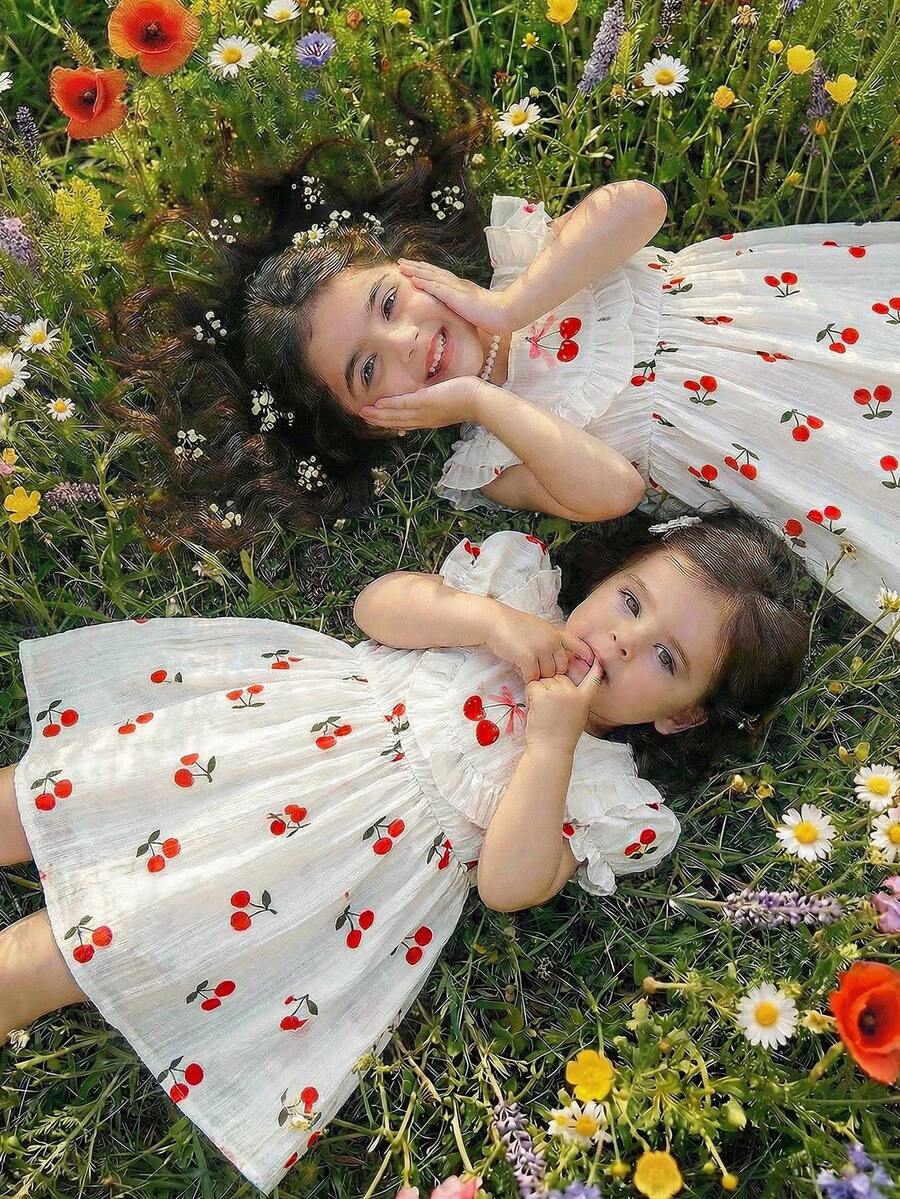 SHEIN Vintaside Kids 1件女婴舒适休闲印花荷叶边白色短袖连衣裙,百搭基础款,配有可爱印花配套包包,适合春夏上学、旅行、度假和日常穿着。 - 白色 - 查看 1