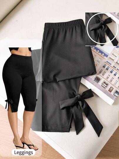 CosyJoli Plus Size Women's 7/8 Pants, Spring & Summer Women's Leggings With Bow Tie Waist And Side Slit, Casual Women's Clothing