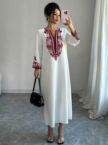 Elenzga Long Dress For Women, New Fashion Loose Retro Print Long Dress - Red and White - View 4
