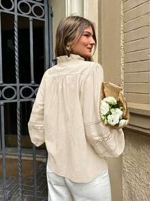 Serisse 女士度假刺绣镂空单排扣长袖休闲衬衫 - 杏色 - 查看 2