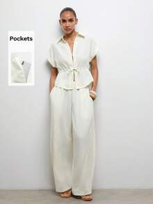 Maija 2pcs White Women's Cinched Waist Ruched Tie-Up Vacation Set, Spring/Summer Beach Outfit Wedding Holiday Outfits - White - View 1