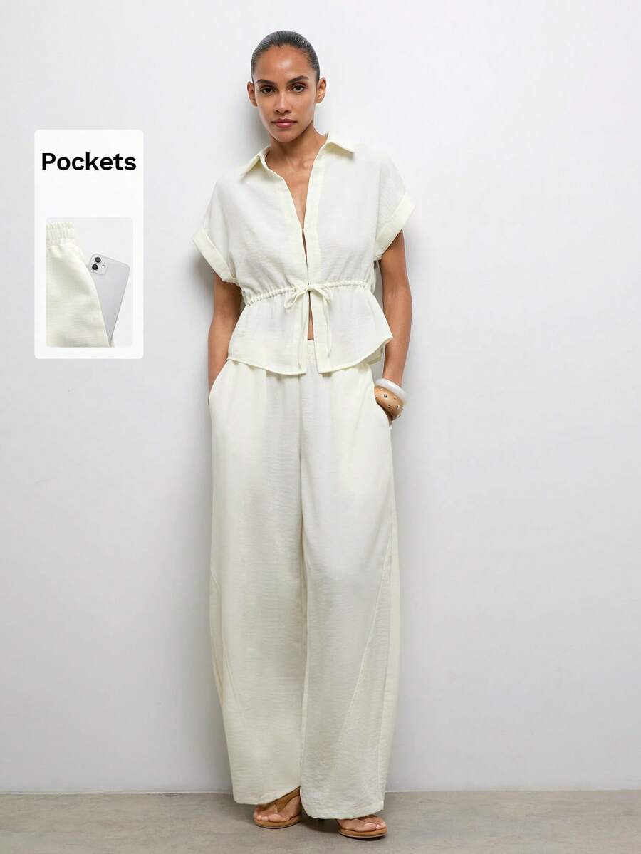 Maija 2pcs White Women's Cinched Waist Ruched Tie-Up Vacation Set, Spring/Summer Beach Outfit Wedding Holiday Outfits - White - View 1