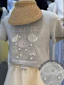 Resyla Women's Summer Pearl & Shell Embroidered Round Neck Short Sleeve T-Shirt - Light Grey - View 1