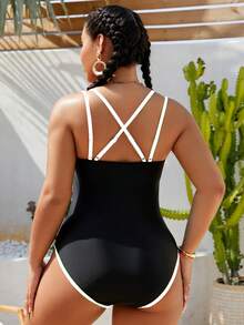 Swim Vcay 大码女士彩色滚边性感露背交叉休闲度假连体泳衣 - 黑與白 - 查看 2
