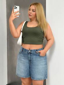 SHEIN Cottnline Plus Size Summer Casual Washed Slant Pocket Loose Denim Shorts - Light Wash - View 7