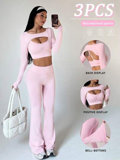 Dewbera Bộ đồ thể thao 3 món dành cho nữ, bao gồm áo tập tay dài cổ tròn dáng ngắn, áo ngực thể thao có dây đeo điều chỉnh được với miếng đệm có thể tháo rời và quần yoga ống loe ôm sát, phù hợp cho mặc thường ngày, chạy bộ, yoga, tập gym, tennis, golf.