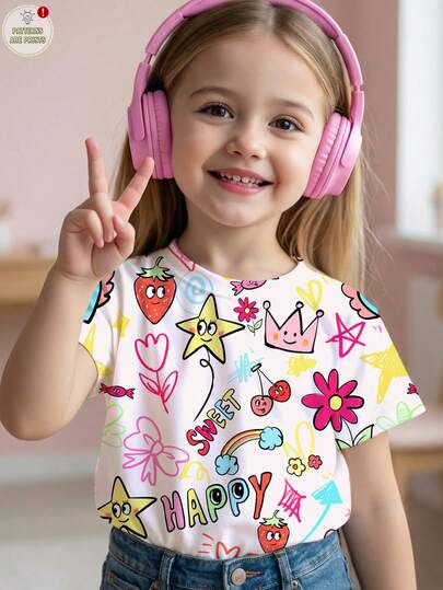 SHEIN 年轻女孩休闲简约印花圆领短袖T恤，适合日常穿着