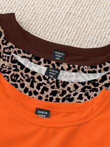 SHEIN LUNE Atasan Kasual Tanpa Lengan Leher Bulat Ukuran Besar, Kaos Motif Cheetah Minimalis untuk Pemakaian Sehari-hari - MultiWarna - View 3