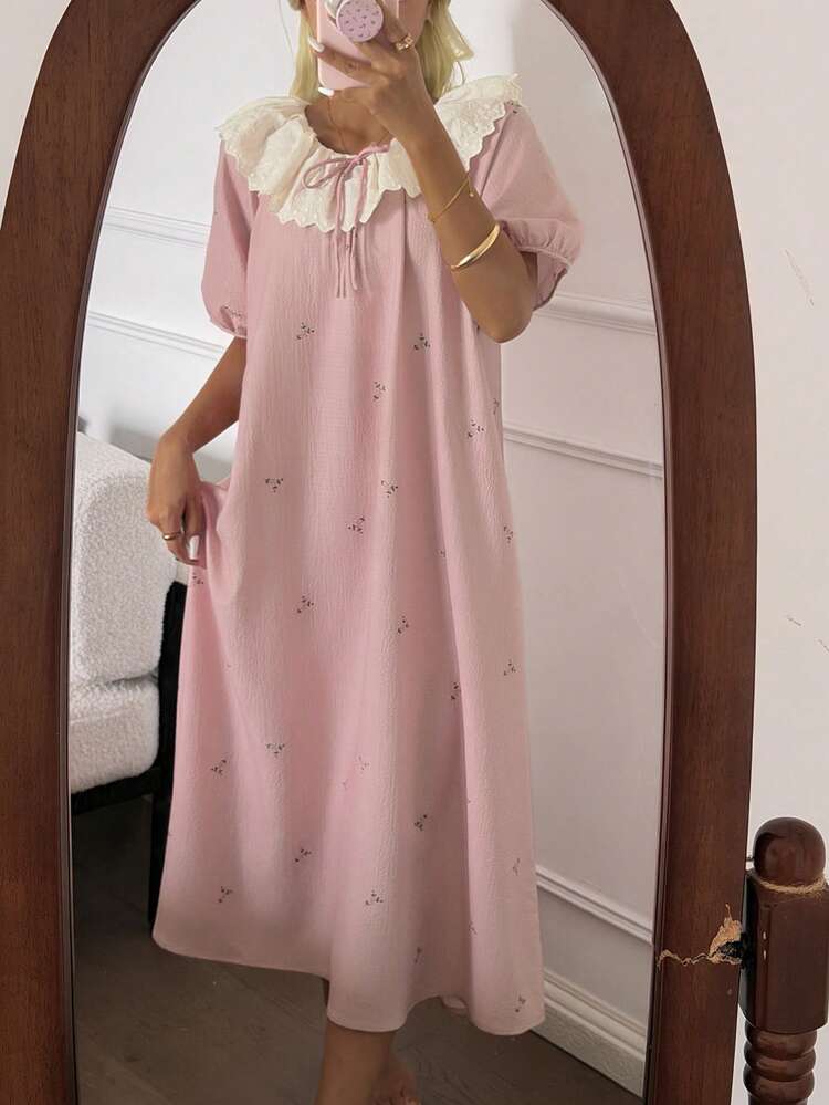 Lace Collar Patchwork Sweet Ditsy Floral Loose Short Sleeve Dress, Summer Sleepwear For Women