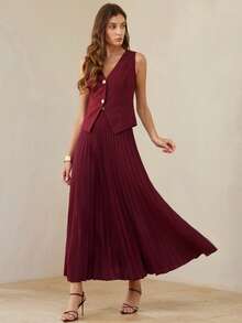 BELROSIE New Arrival Intellectual Elegant Commuter Style Thin Tweed Vest Top & Pleated Skirt 2-Piece Set For Women - Burgundy - View 3